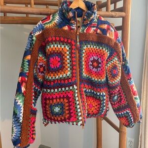 Farm Rio Crochet Colorful Forest Reversible Puffer Jacket